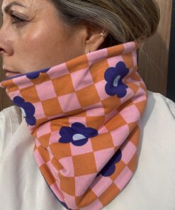 Purple Flowers on Orange Check Fleece Lined Neckwarmer