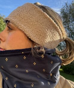 Beige Teddy and Navy Fleece Reversible Headband