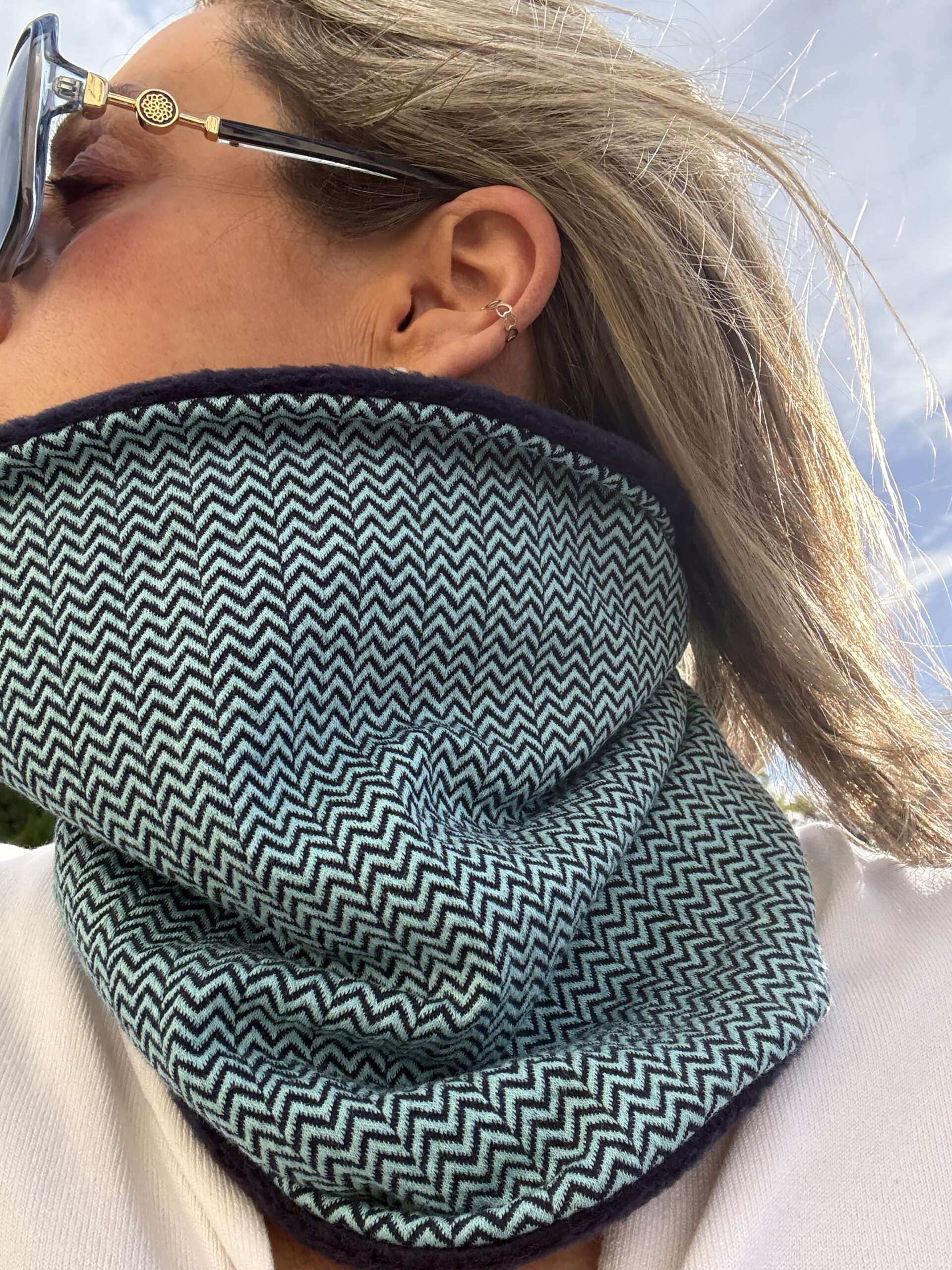 Navy and Aqua Blue Zig Zag Fleece Lined Neckwarmer